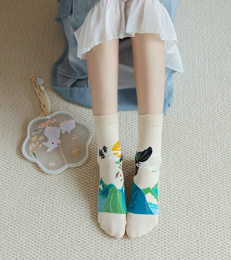 国潮袜子女原创设计古风水墨画AB鸳鸯女棉袜敦煌飞天白蛇传潮流中筒袜详情29