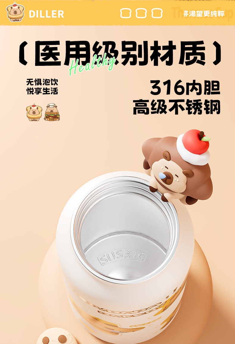 迪乐贝尔卡皮巴拉水杯学生儿童上学专用吸管杯大容量便携直身杯详情3