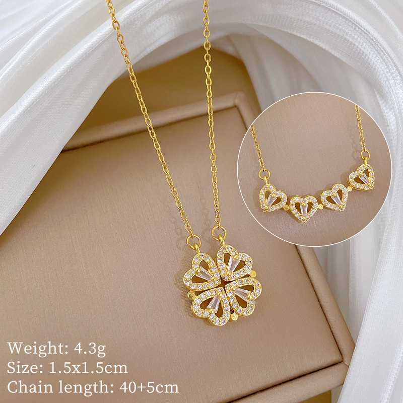 【钛钢】项链女新款一款两戴心连心开合四叶花满钻百搭锁骨链钛钢详情10