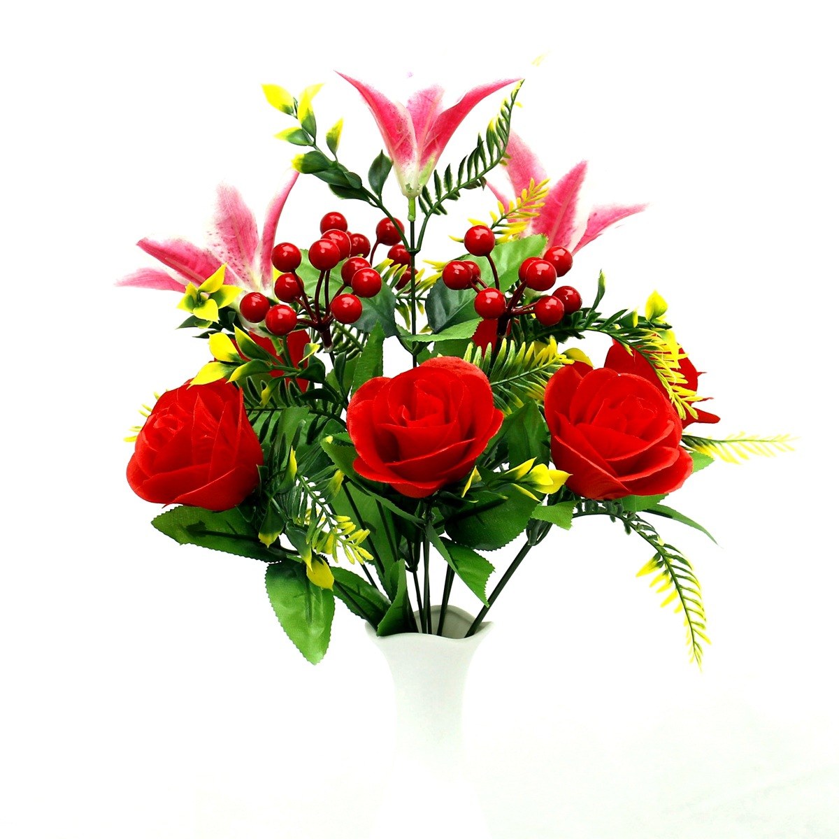 跨境仿真玫瑰花婚庆百合发财果冬青果12头仙桃玫仿真绢花家居花艺详情3