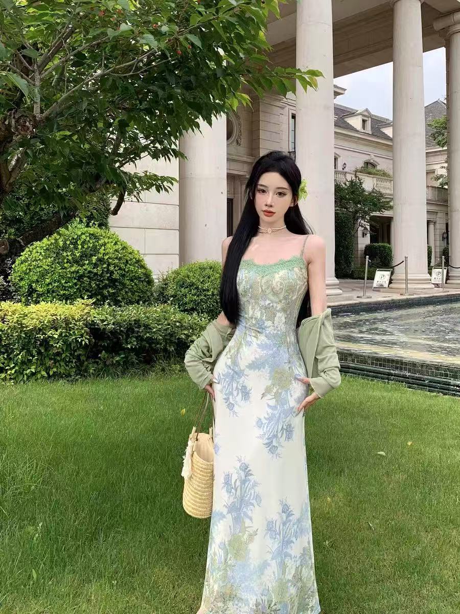 清冷感穿搭绿色长袖防晒开衫女夏季新款套装印花吊带连衣裙两件套详情4
