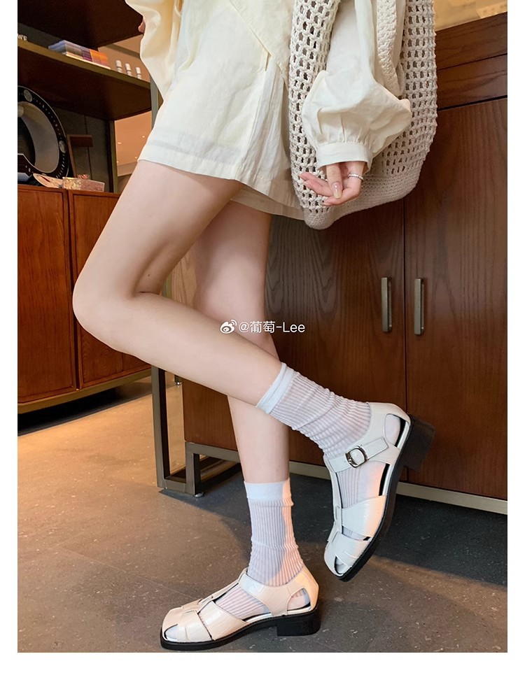 葡萄妈同款~罗马风编织设计方头镂空包头软面小粗跟凉鞋女夏详情12