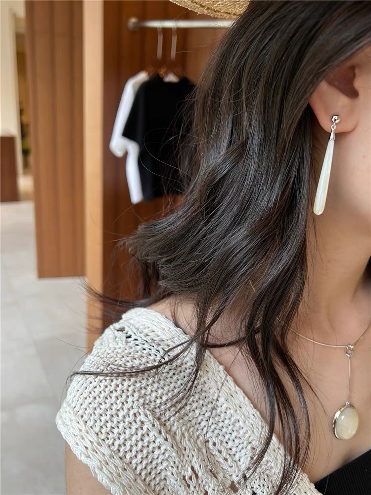 秋冬新款木纹石白贝母Teardrop耳环气质轻奢显脸瘦长款泪滴耳坠详情8