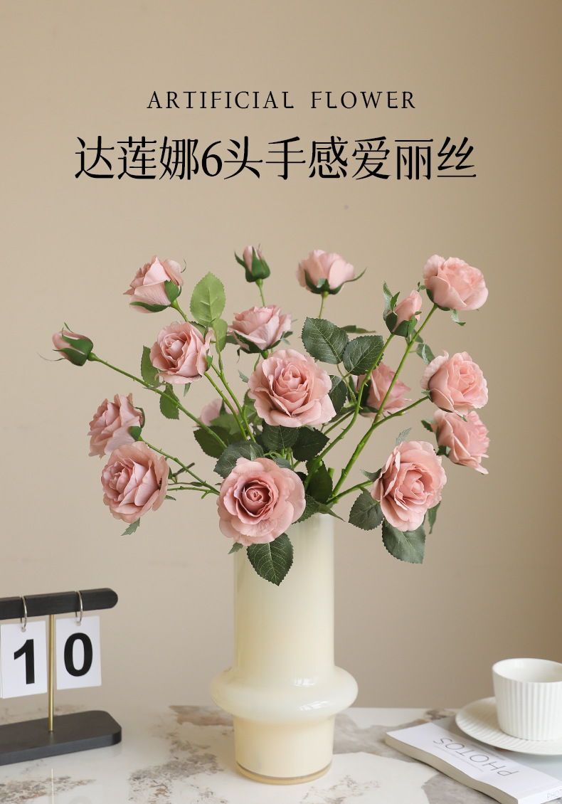 高品质仿真单枝六头湿感玫瑰家居餐桌插花办公文化园艺装饰礼盒详情13