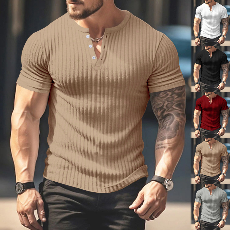 Temu跨境速卖通2025新款男士短袖上衣坑条V领修身短袖亨利T恤衫夏详情5