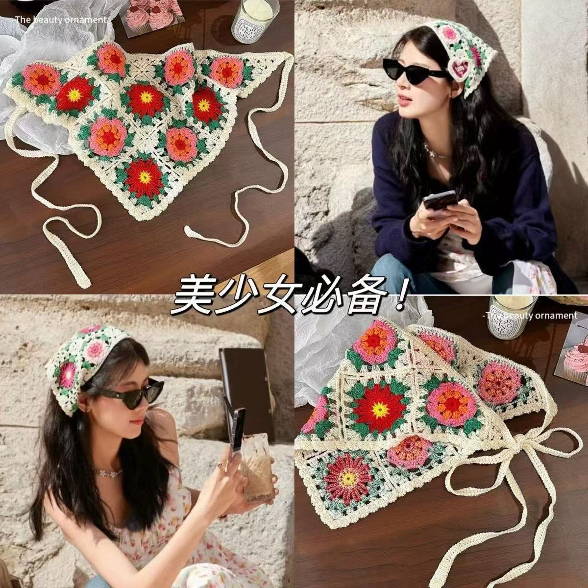 French lace knitted triangular scarf, flower retro Japanese headscarf, hair band, versatile small scarf, photo hair accessory for women pic 6