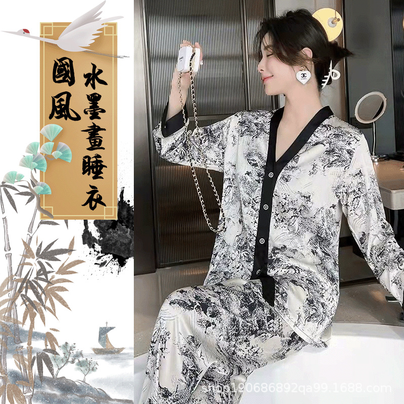 国潮春夏新款国潮水墨画居家服长款印花冰丝睡衣高级性感时尚四件套装详情2