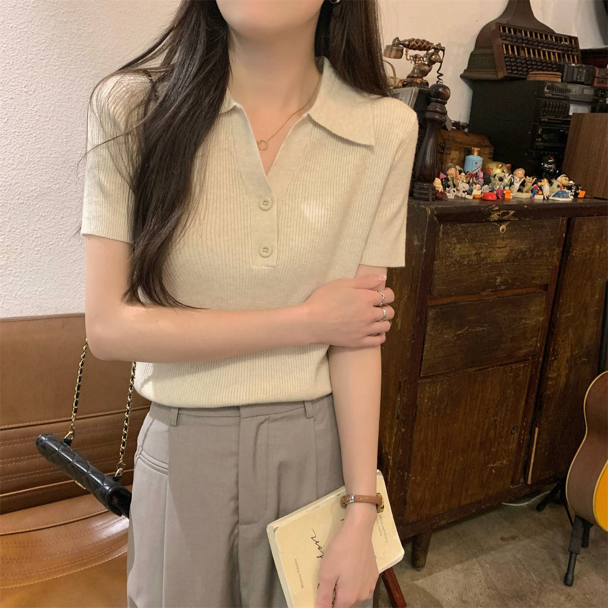 韩系坑条针织T恤夏季修身显瘦polo翻领正肩短袖女上衣气质打底衫详情18