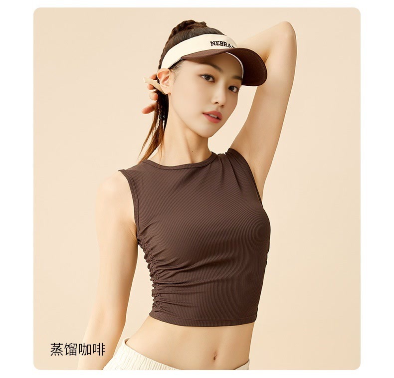 夏季瑜伽新款双侧褶皱收腰条纹运动背心女宽肩圆领防走光无袖上衣详情15