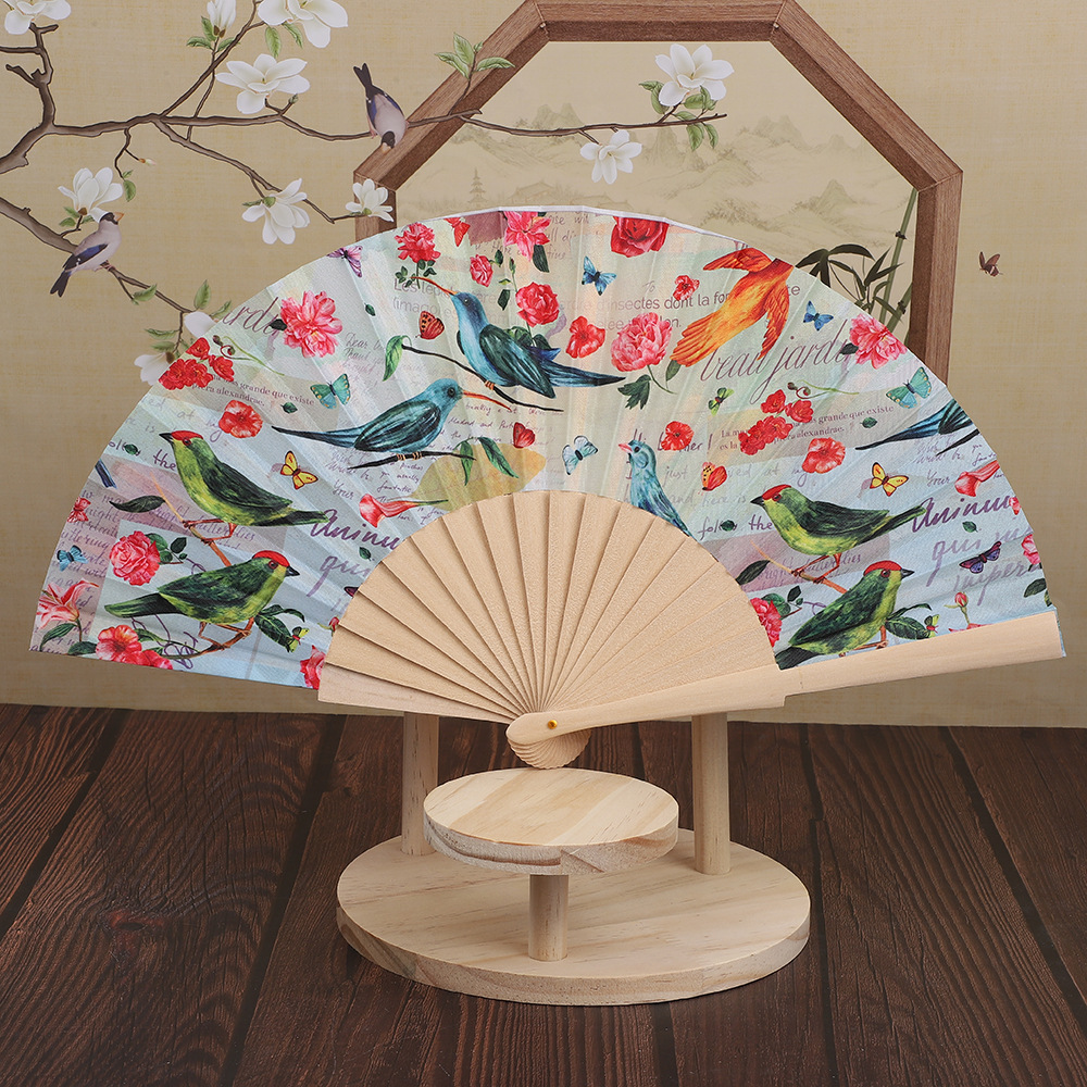 Folding fans, popular square dance fans, Chinese-style flower-and-bird fans, ancient-style folding fans, wooden frame fans in stock and in batch pic 3