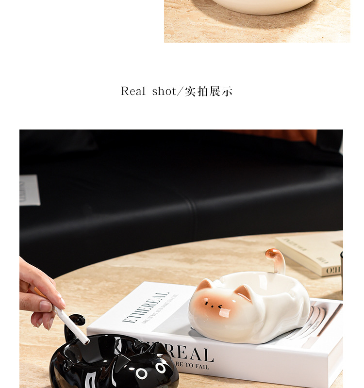 创意可爱暹罗猫陶瓷烟灰缸客厅办公室桌面防飞灰带盖烟缸装饰摆件详情8