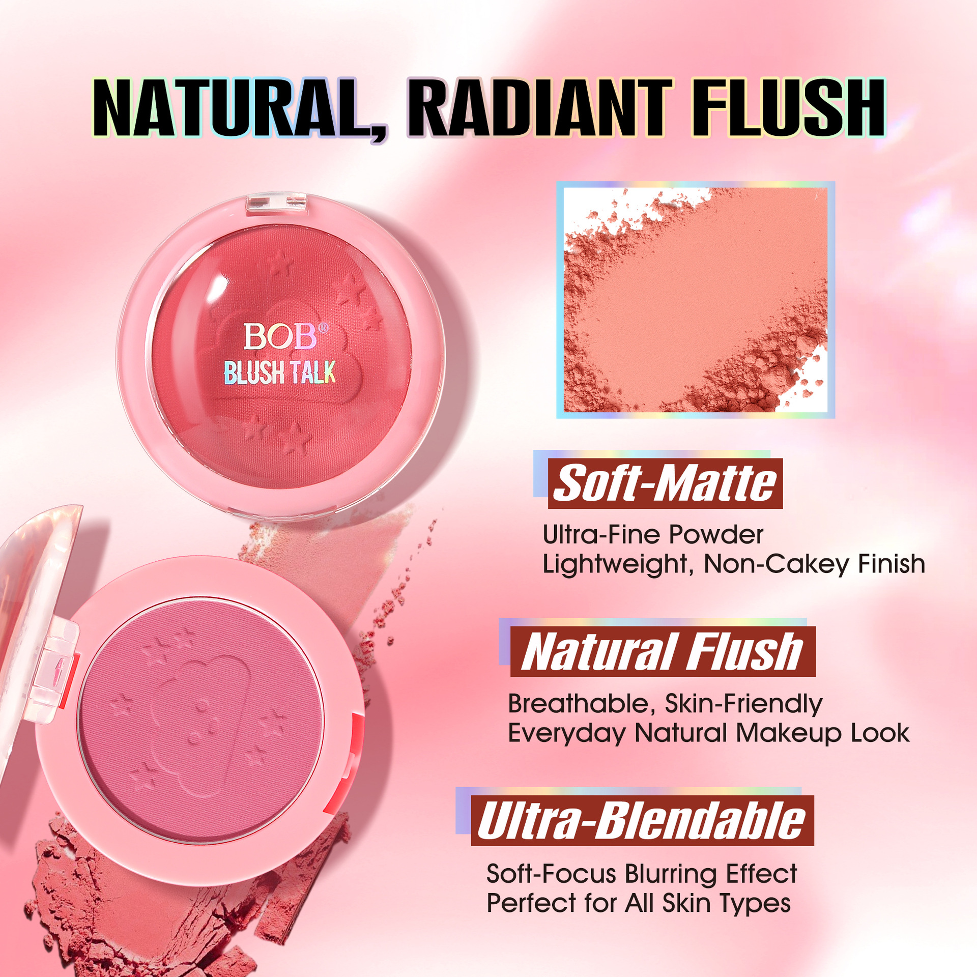 Cross-border bob Puffy, soft and misty blush, cheek color, pleasant atmosphere, matte and matte look, long-lasting makeup, girlish pink blush powder pic 2