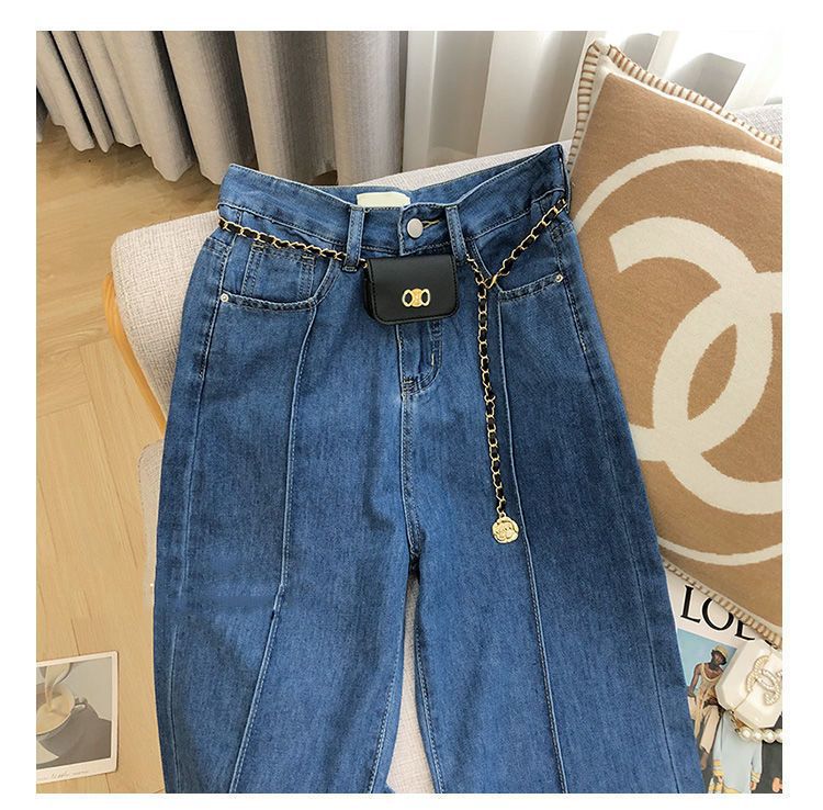 2025秋季新款蓝色设计感小众牛仔裤女韩版高腰显瘦百搭直筒阔脚裤详情6