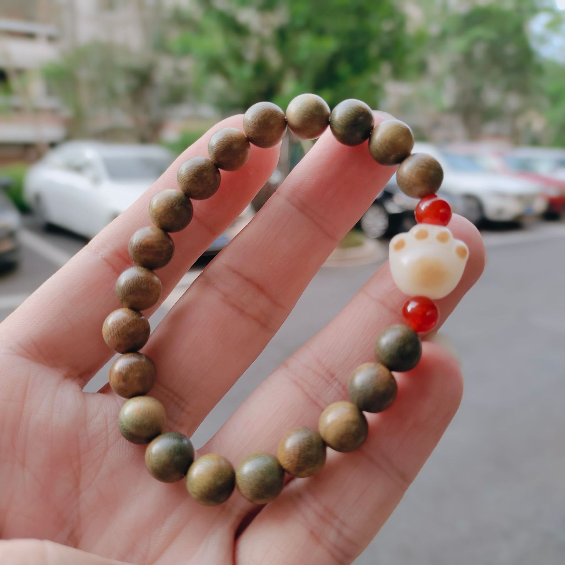 古风绿檀木手串单圈风化绿猫爪女式木质檀香文玩佛珠多宝手链详情10