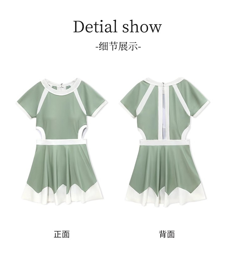 Green one-piece swimsuit models showcase long-sleeved, sexy backless sportswear for women. Summer sun protection fabric 107060 pic 11