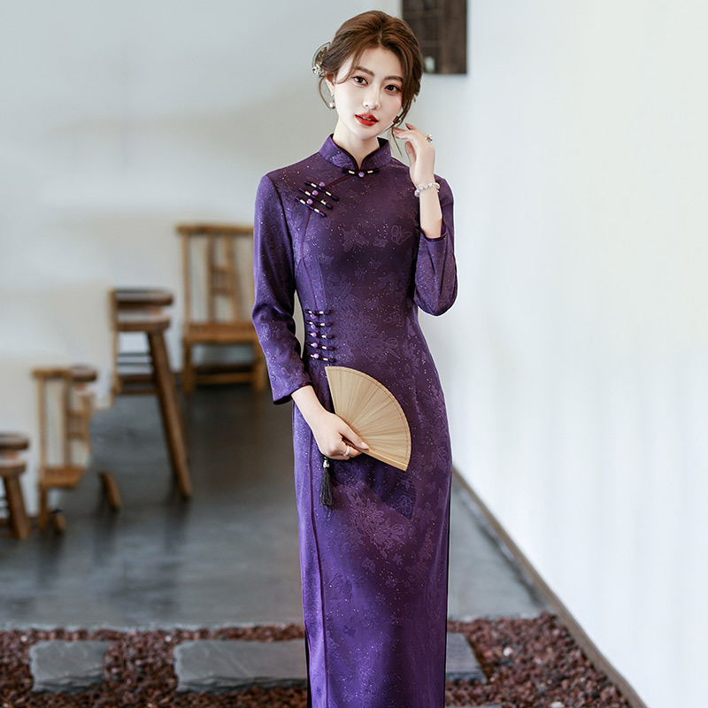 国潮紫色妈妈装国风新中式长款秋季长袖改良旗袍女高级感复古收腰秋冬详情6