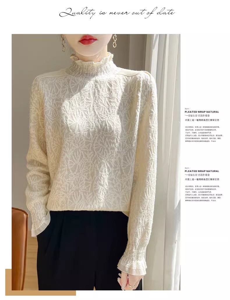 The 2025 autumn/winter new style lace and black ear-trimmed semi-high neck base layer for women is super stylish. Pair it with an A9325 sweater pic 12