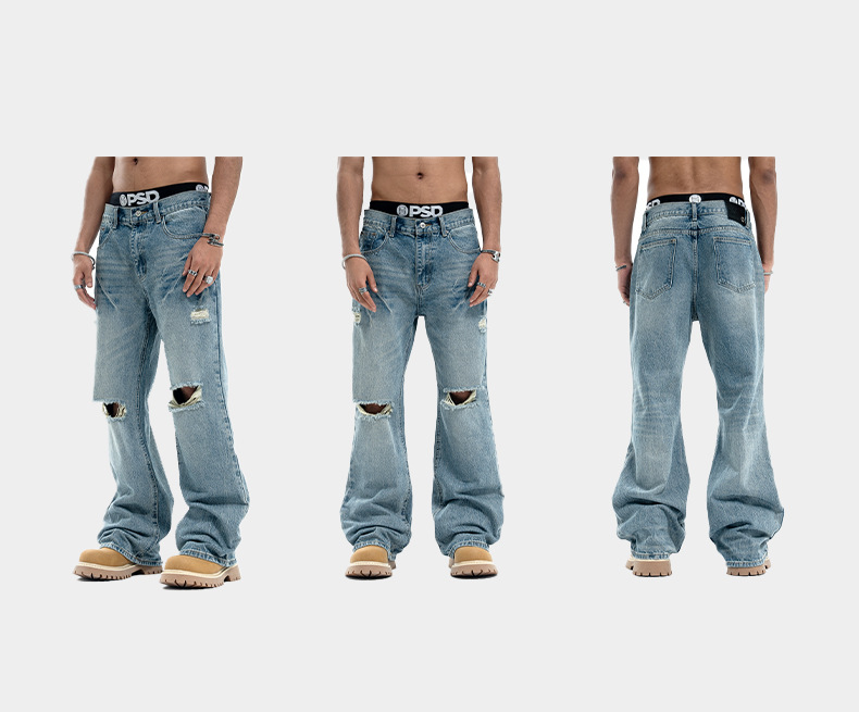 LAWFOO美式复古破洞牛仔裤男女水洗做旧宽松阔腿直筒潮牌高街裤子详情7