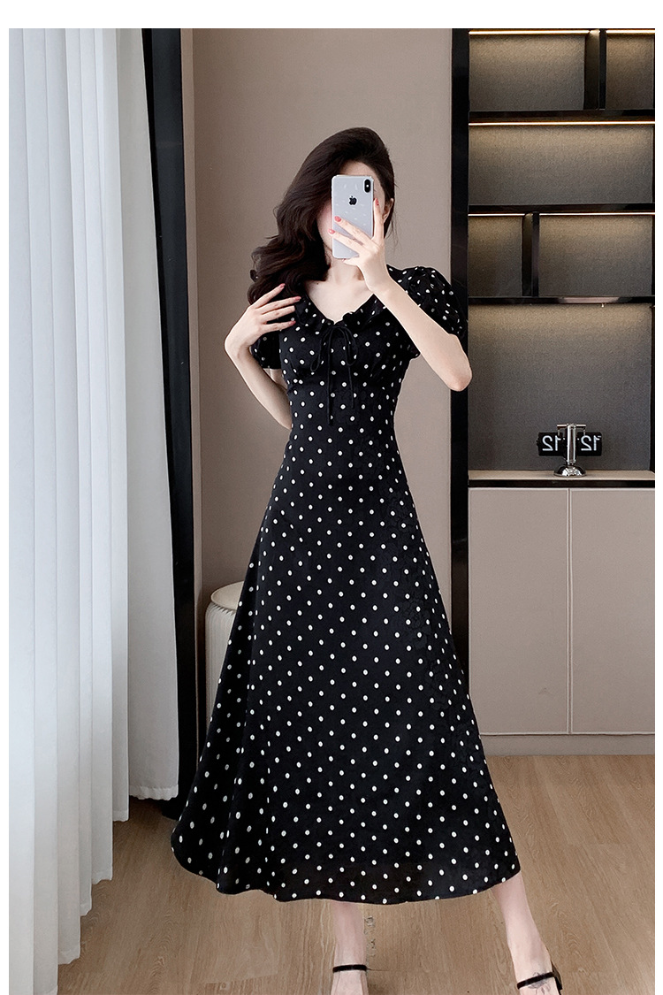 High-quality summer Korean-style sweet and slimming dress with lotus leaf collar, waist-cinching tie, puffed sleeves and jacquard polka dot pic 24