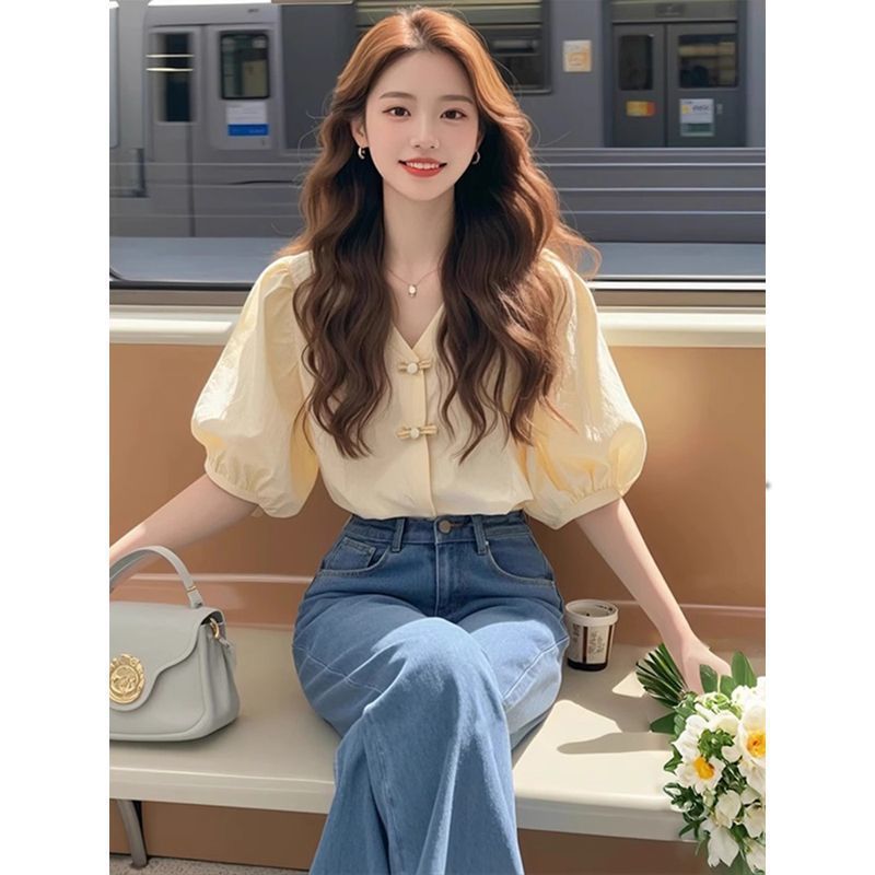 A new Chinese-style apricot-colored short-sleeved shirt for women in summer, exuding a light luxury and high-end charm, with a gentle and elegant French puffed sleeve button-up top pic 1