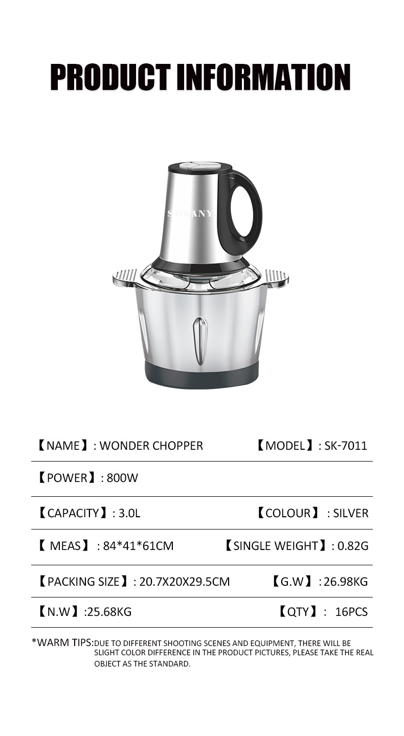 SOKANY 7011NEW Electric Household 3L meat grinder, vegetable cutter, multi-functional kitchen food processor pic 3