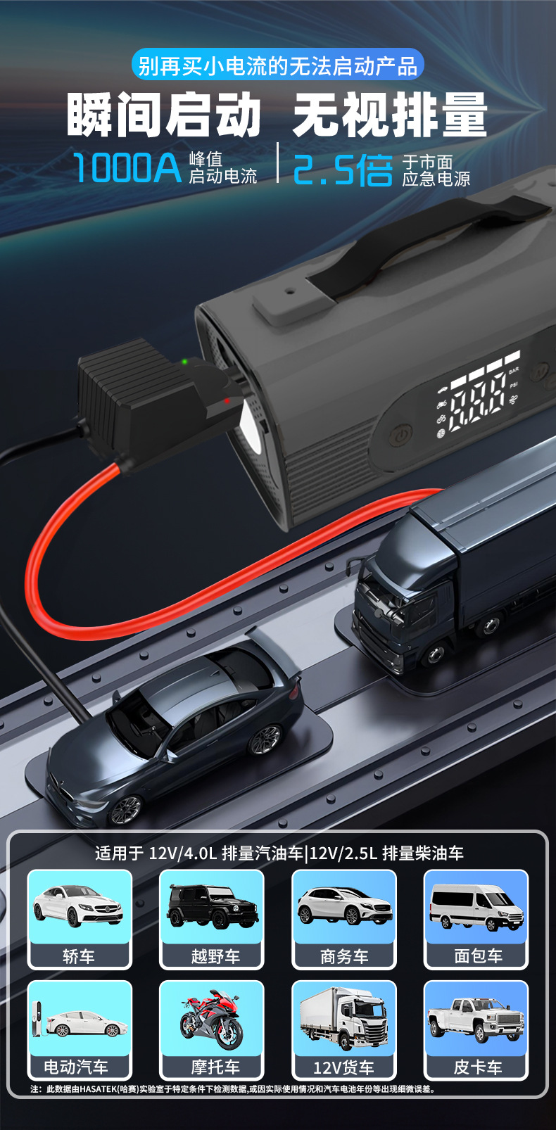 New Hasai multi-functional portable car emergency power starter and air pump all-in-one machine 12v jumper pic 6