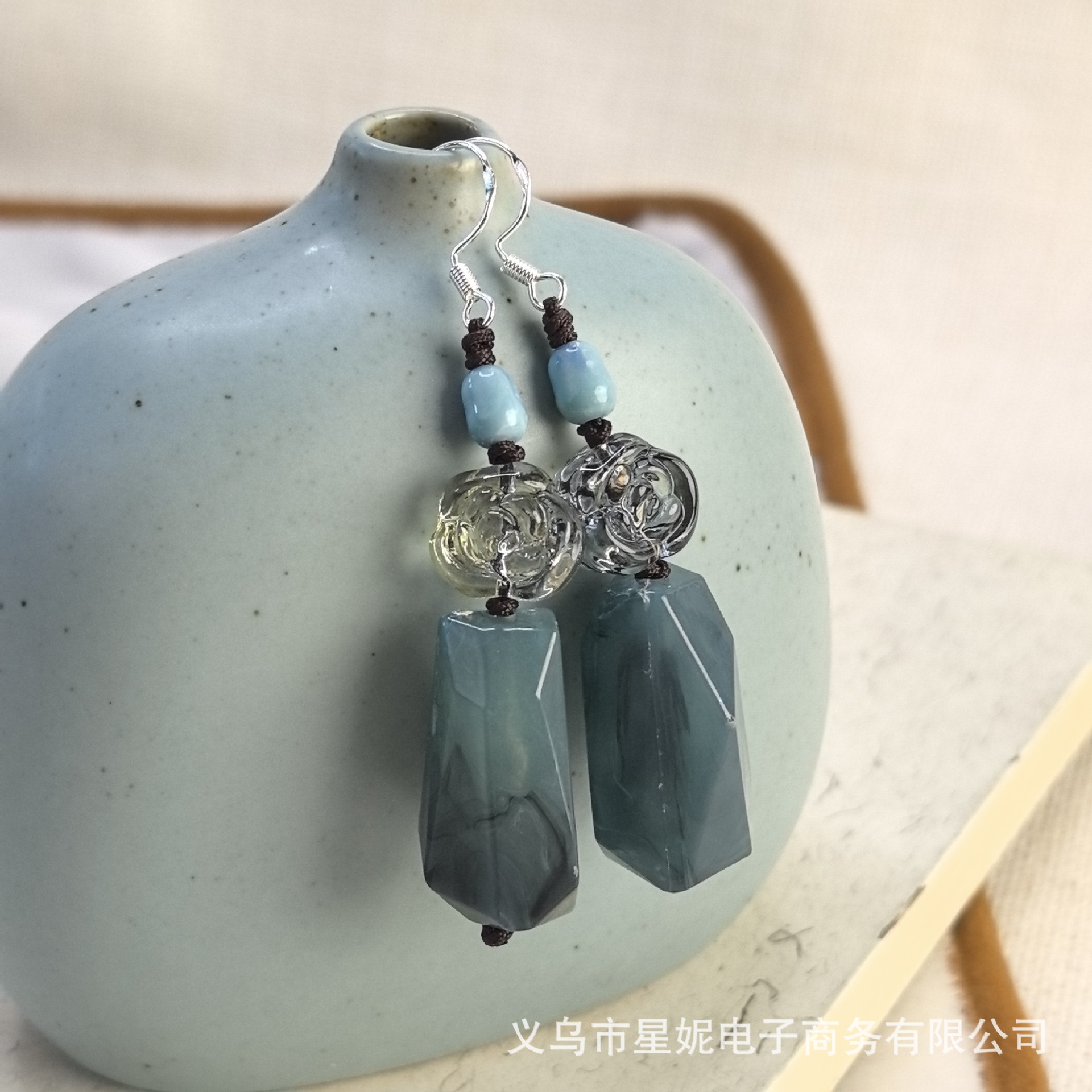 新中式玫瑰花红色紫色清新绿古装汉服轻奢长款不规则耳饰进口详情15