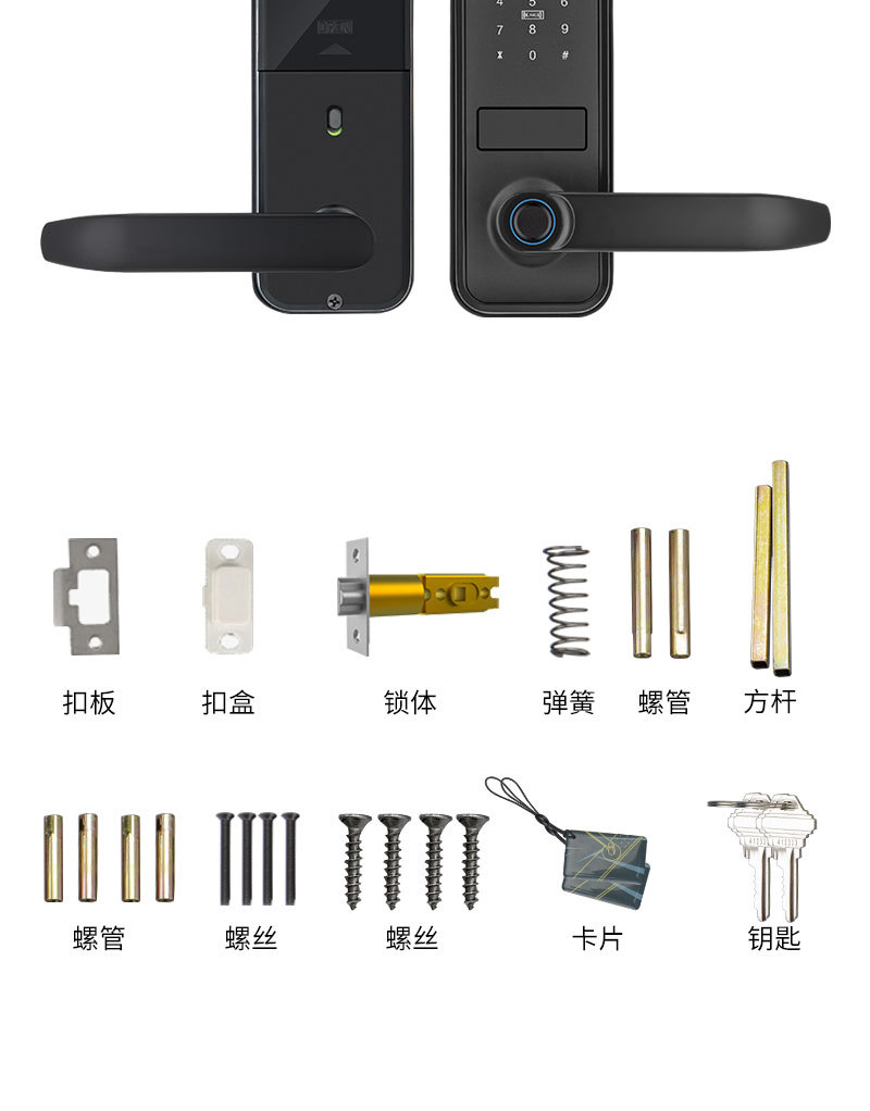Black fingerprint smart lock with digital keyboard, circular sensing ring and door handle pic 21