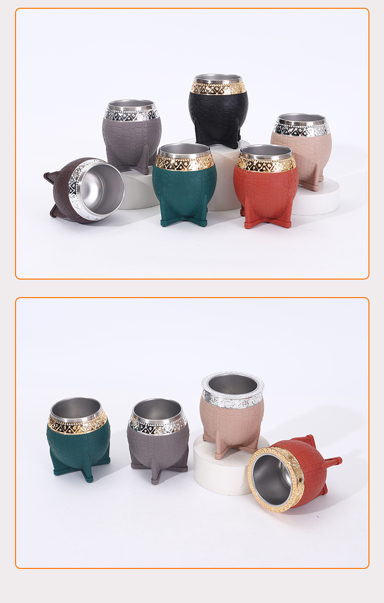 Amazon stainless steel mate cup, double-layer with straw, turtle shell texture, eggshell cup, creative Argentine insulated cup pic 10