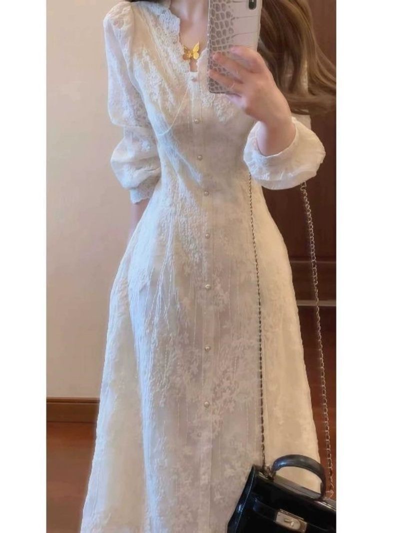 加绒打底穿法式气质名媛领长袖连衣裙2025秋季蕾丝绝美收腰字长裙详情5