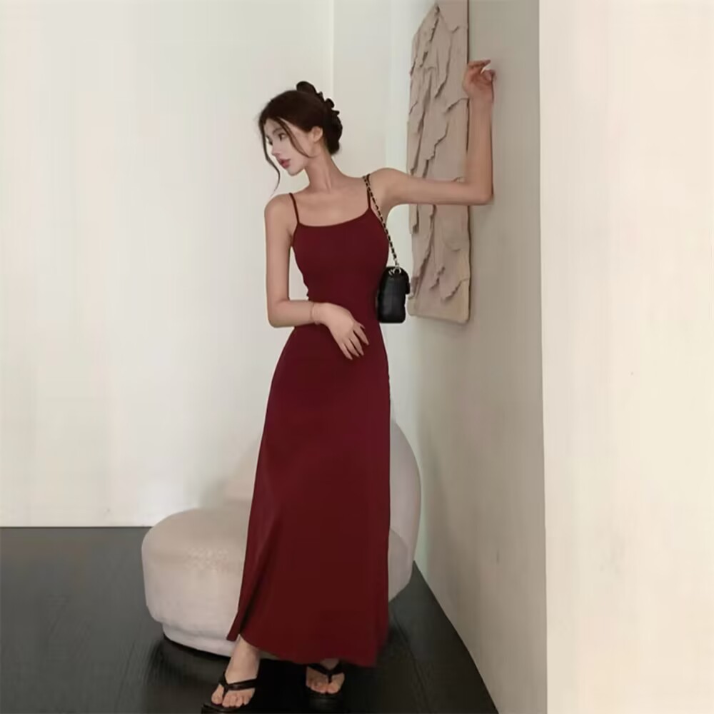 2025夏季辣妹弹力吊带连衣裙子女无袖露肩收腰显瘦一字肩打底长裙详情9