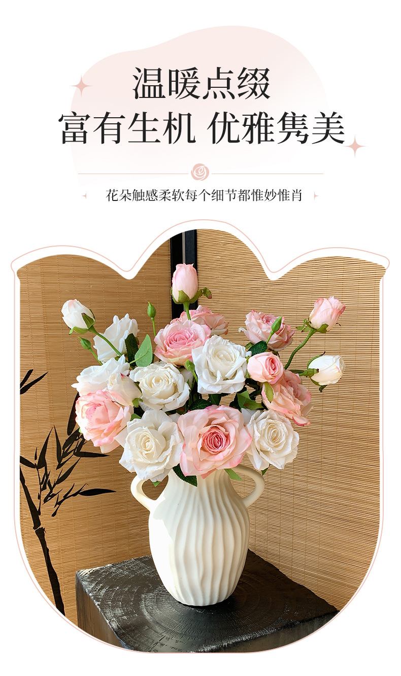 法式油画焦边3头玫瑰花仿真花干花假花花束摆设客厅装饰拍照道具详情2