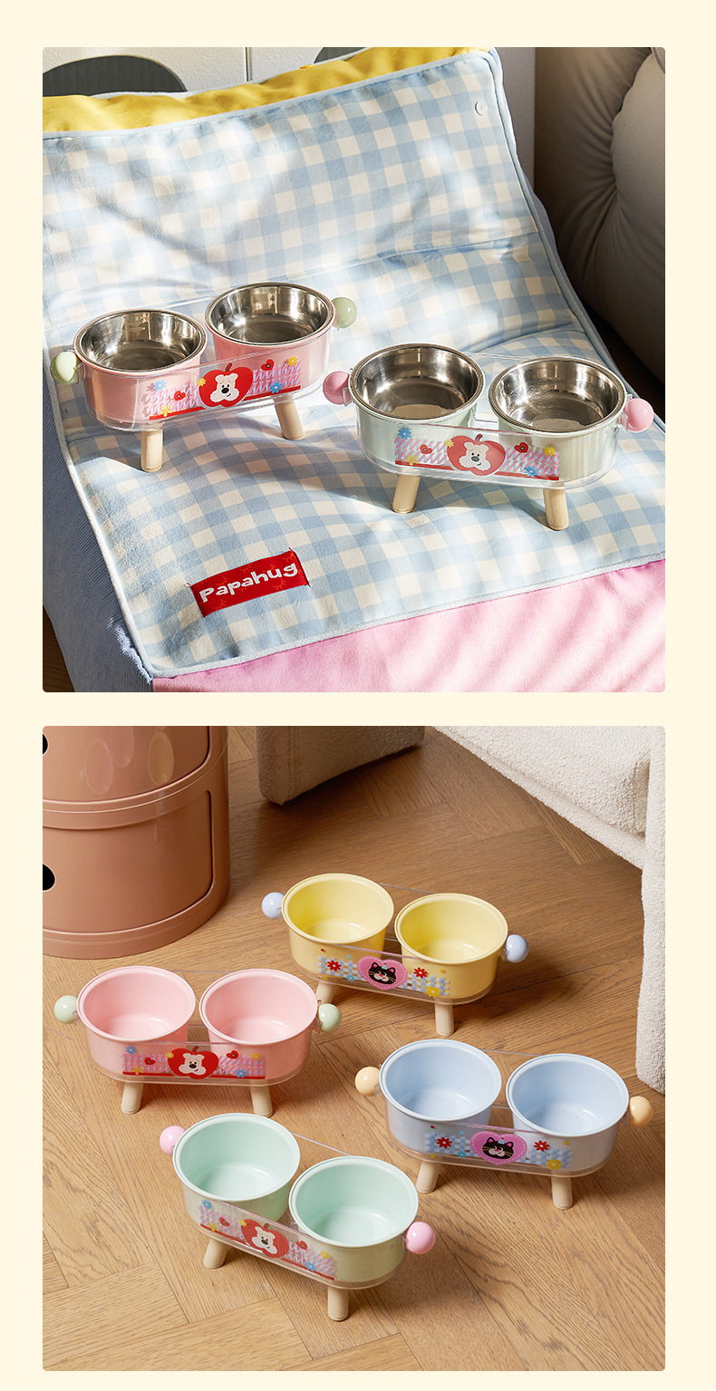 Rongka Pet Cross-border Cat Neck Guard High Feet Double Bowl Dopamine Pet Stainless Steel Double Bowl Anti-slip and anti-knock Cat Bowl High appearance level Pet Bowl pic 10