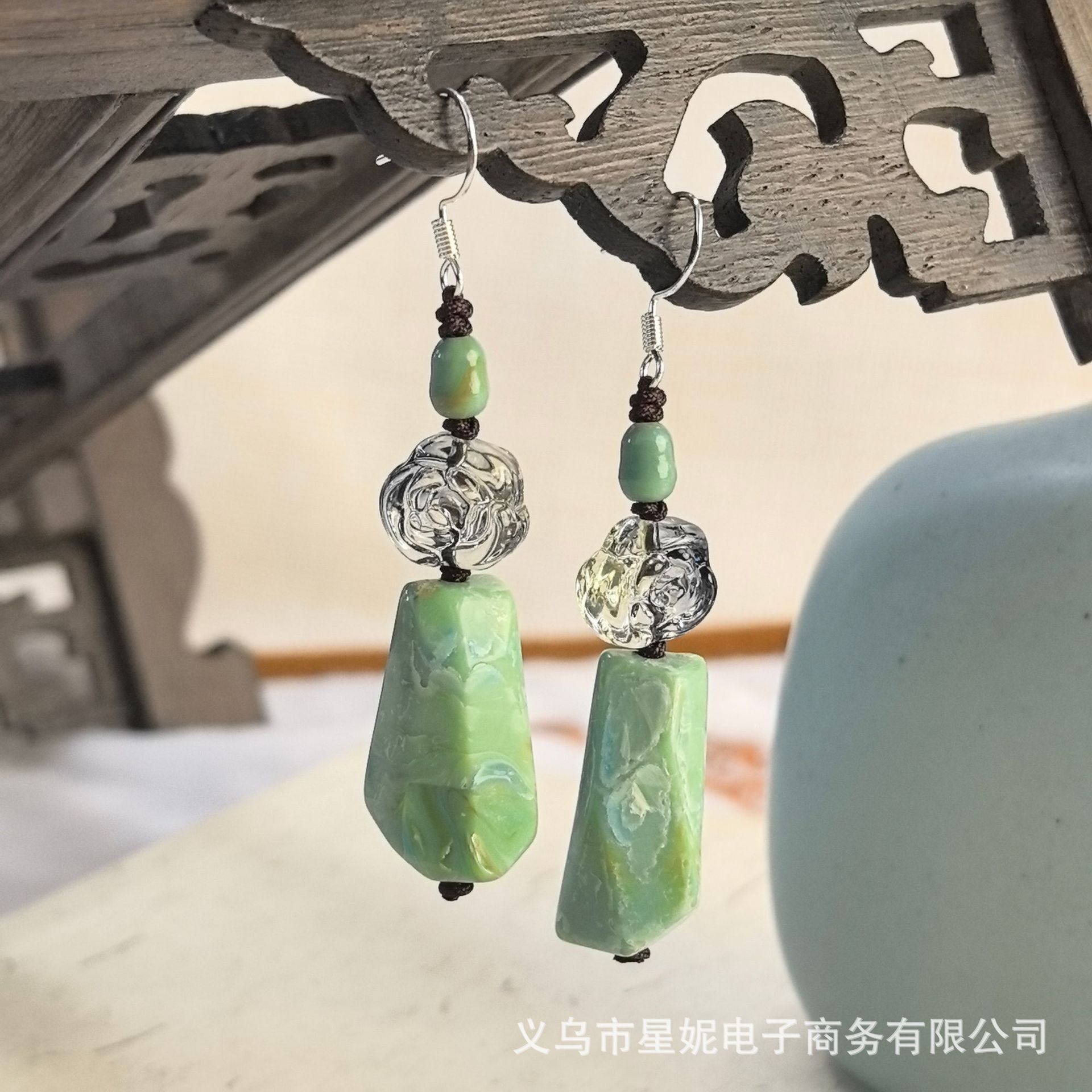 新中式玫瑰花红色紫色清新绿古装汉服轻奢长款不规则耳饰进口详情4