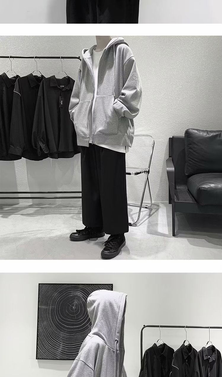 开衫卫衣男式秋季连帽衫纯色衣服加绒拉链宽松外套男士秋冬运动衫详情8