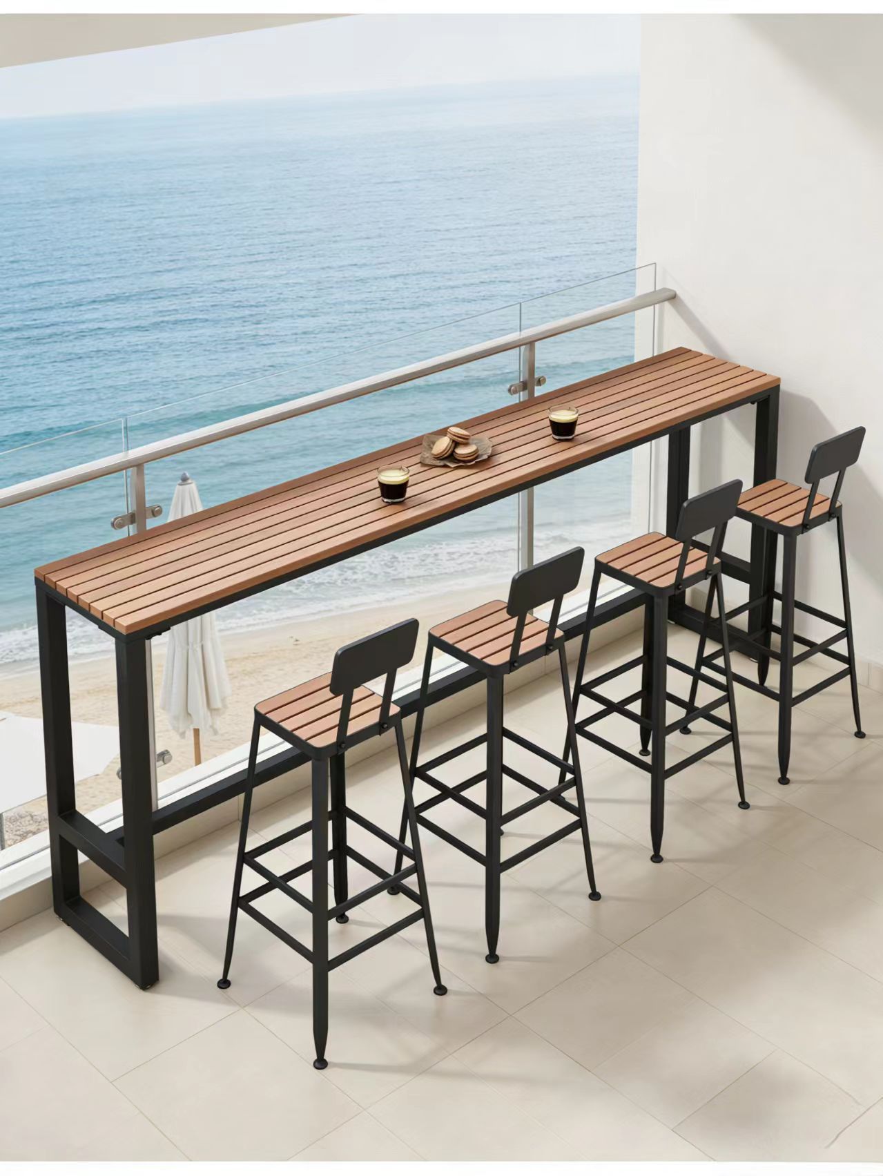 Star Terrace Bar counter table and chair set, coffee shop outdoor anti-corrosion and sun protection high leg narrow table, outdoor balcony wall long table pic 19