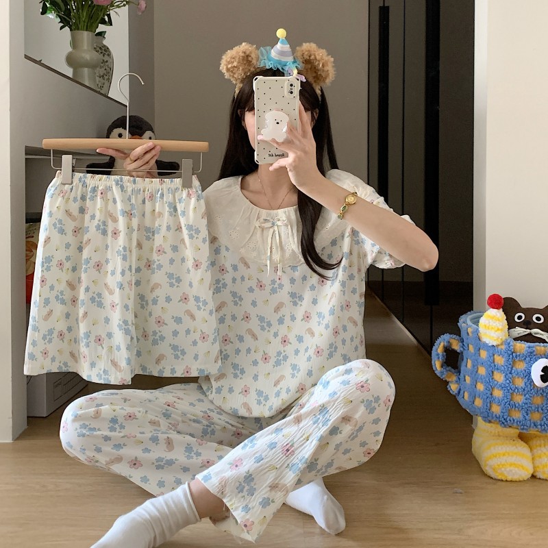 跨境外贸爆款三件套睡衣女短袖短裤长裤甜美大翻领蕾丝花边家居服详情15