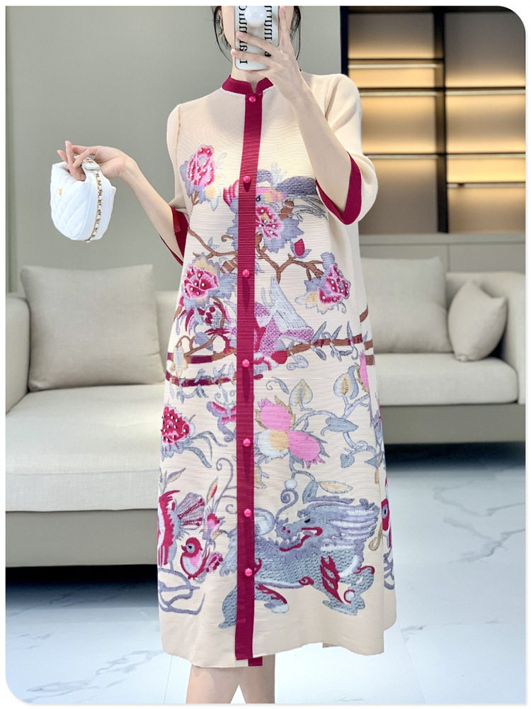 三宅褶皱2024春夏新中式连衣裙复古国风减龄洋气中老年女装衬衫裙详情1