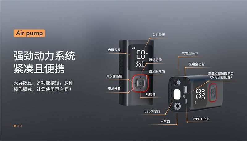 新款迷你户外无线便携式打气双屏数显检测胎压带充电宝车载充气泵详情5