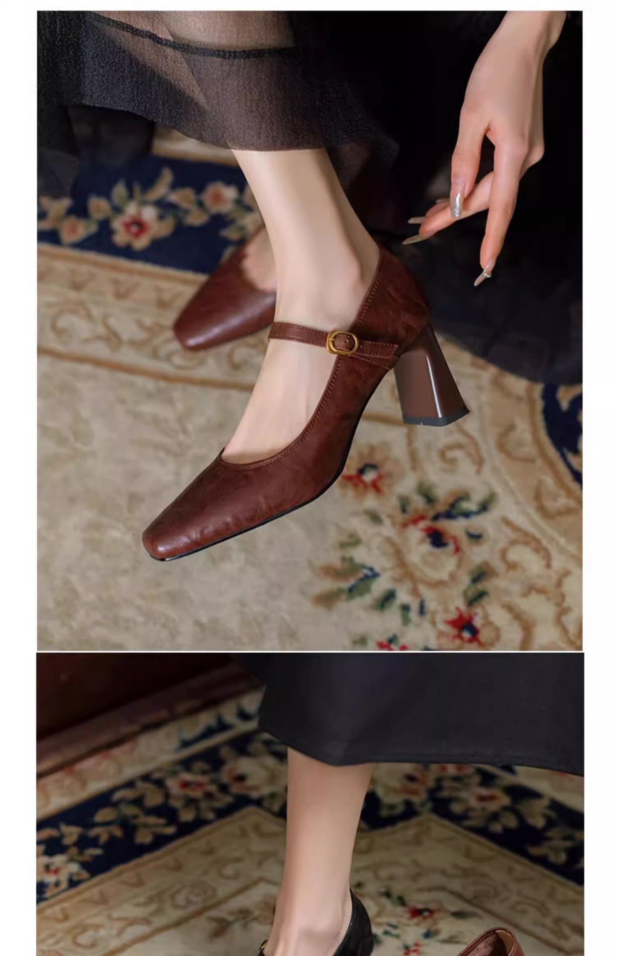 软羊皮黑色高跟鞋2025春秋新款法式复古粗跟一字带玛丽珍鞋女单鞋详情7