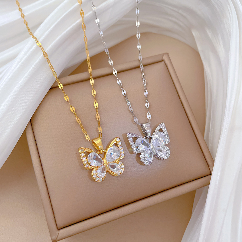 【钛钢】锆石蝴蝶项链耳环套装轻奢微镶个性气质宴会耳饰项饰组合详情17