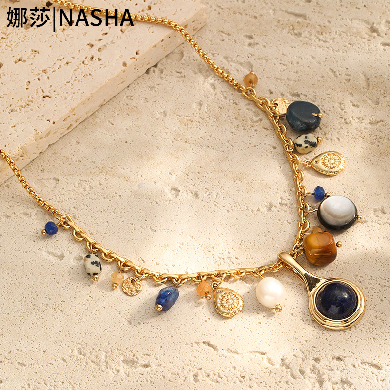 Nasha Cross-border Exclusive lapis lazuli Mother-of-Pearl freshwater Pearl Necklace, sweet and cool, spicy girl style, non-fading necklace, perfect for women pic 6