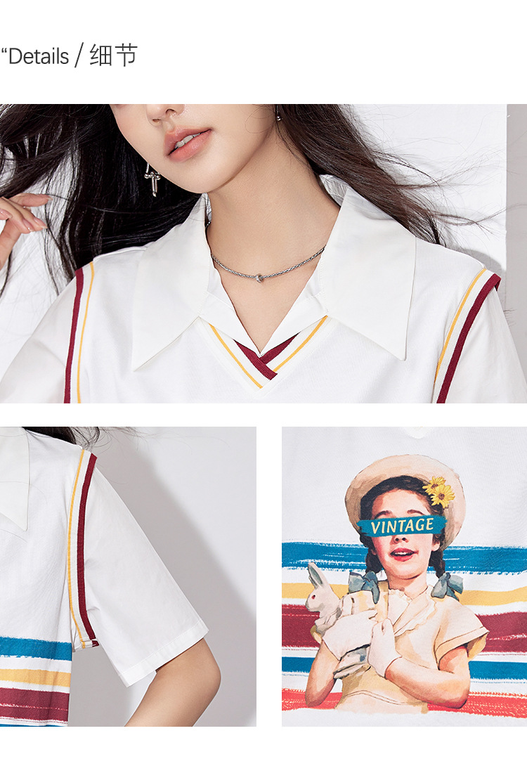 G9068假两件衬衫女装2024夏女孩印花彩绘韩版设计感别致短袖上衣详情5