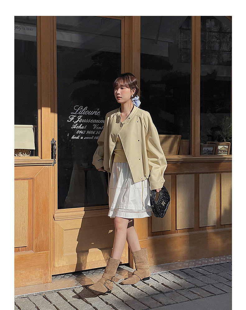 【歌铭】韩系通勤立领皮衣夹克女春季新款复古机车服短外套W733B详情40