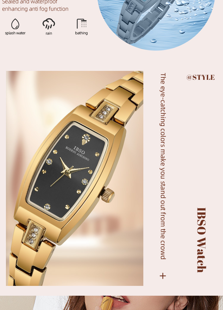 IBSO輕奢酒桶形女士石英表金色鑲鉆小表盤時尚簡約腕表詳情5
