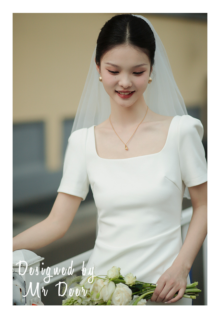白色法式小礼服方领短袖修身微弹力长款领证订婚小晚礼服连衣裙详情10