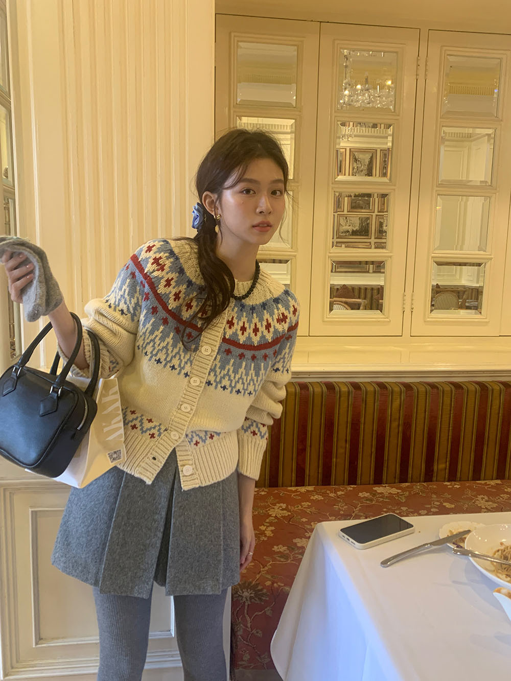费尔岛复古美式少女撞色波普提花单排扣针织开衫厚实保暖毛衣外套详情57