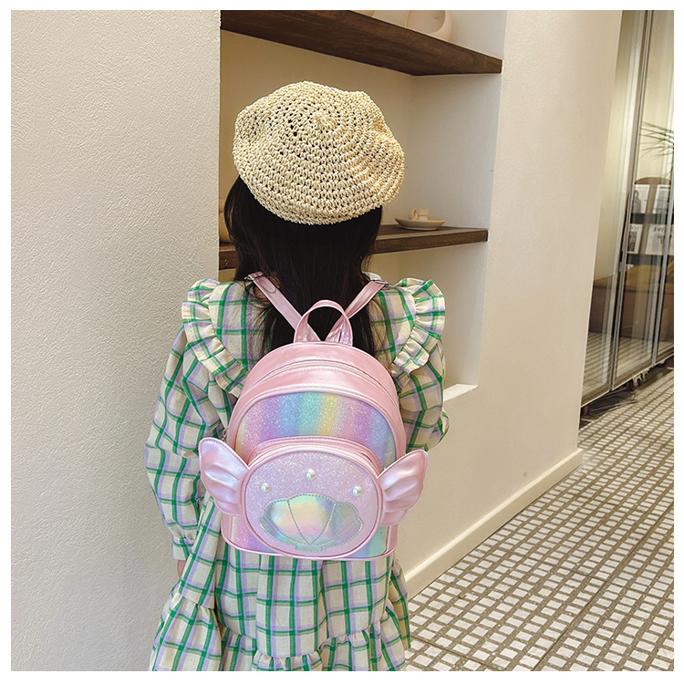 Rainbow gradient sequin backpack, pearl shell pattern, pink bow, outdoor hiking canvas schoolbag, lightweight and durable pic 20