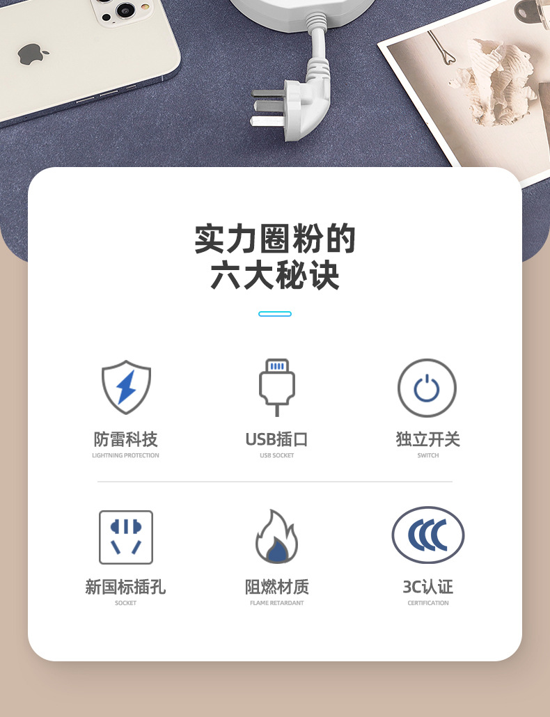 公年插座带长线插板排插多功能usb家用宿舍多插位小巧便携安全详情2