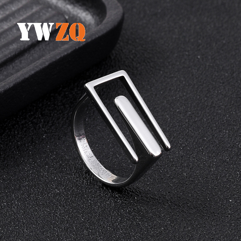 跨境时尚钛钢长方形戒指 开口可调节不锈钢几何图案创意饰品 厂家详情2